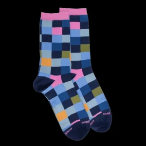 Femme Doré Doré Chaussettes^Chaussette femme à carreaux en coton - Bleu Voilier & Gris connemara
