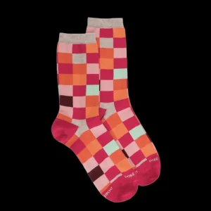 Femme Doré Doré Chaussettes^Chaussette femme à carreaux en coton - Rouge Cerise & Rose Praline