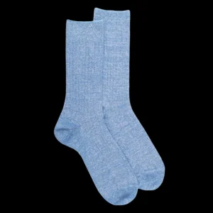 Homme Doré Doré Chaussettes^Chaussettes à côtes unies en lin et coton pour hommes - Bleu Bassin