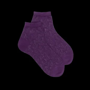 Femme Doré Doré Socquettes^Chaussettes courtes en coton égyptien uni pour femmes avec feuilles de ramage transparentes - Couleur prune