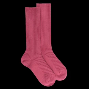 Femme Doré Doré Chaussettes^Chaussettes côtelées pour femmes en laine vierge, viscose et caschmere, coloris unis. - Rose antique