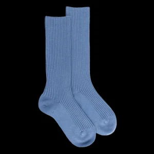 Femme Doré Doré Chaussettes^Chaussettes côtelées pour femmes en laine vierge, viscose et caschmere, coloris unis. - Bleu Macadam