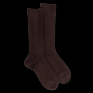 Femme Doré Doré Chaussettes^Chaussettes côtelées pour femmes en laine vierge, viscose et caschmere, coloris unis. - Marron Chocolat