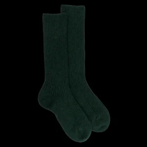 Femme Doré Doré Chaussettes^Chaussettes côtelées pour femmes en laine vierge, viscose et caschmere, coloris unis. - Vert thym