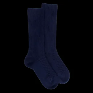Femme Doré Doré Chaussettes^Chaussettes côtelées pour femmes en laine vierge, viscose et caschmere, coloris unis. - Bleu Voilier