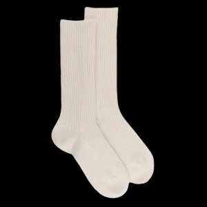 Femme Doré Doré Chaussettes^Chaussettes côtelées pour femmes en laine vierge, viscose et caschmere, coloris unis. - Blanc Givre