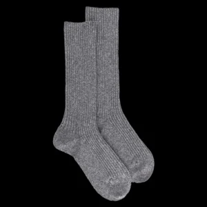 Femme Doré Doré Chaussettes^Chaussettes côtelées pour femmes en laine vierge, viscose et caschmere, coloris unis. - Gris oxford