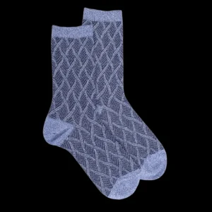 Femme Doré Doré Chaussettes^Chaussettes femme en coton et laine à motif entrelacés effet brillant - Bleu Croisette