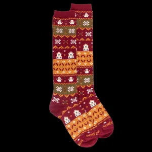 Femme Doré Doré Chaussettes Hautes^Chaussettes longues en coton pour femmes avec motif grec de Noël - Rouge amarante