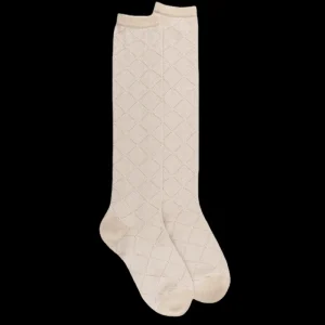 Femme Doré Doré Chaussettes Hautes^Chaussettes longues pour femmes en coton égyptien et cachemire avec effet brillant à motifs de diamants - Écru