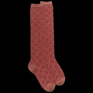 Femme Doré Doré Chaussettes Hautes^Chaussettes longues pour femmes en coton égyptien et cachemire avec effet brillant à motifs de diamants - Rouge griotte | Doré D