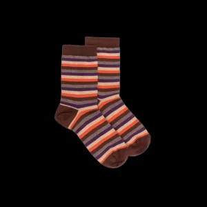 Femme Doré Doré Chaussettes^Chaussettes pour femmes en coton égyptien à rayures égales - Marron cacao