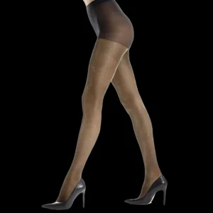 Femme Doré Doré Collants^Collants transparents unis à effet brillant pour femmes - Or & Noir