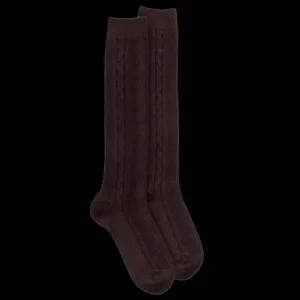 Femme Doré Doré Chaussettes Hautes^Mi-bas femme en laine et cachemire à motif torsadés - Marron Chocolat