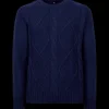 Doré Doré Pullover^Pull à col rond en laine et alpaga avec tresses tricotées - Bleu caban & Rouge brique