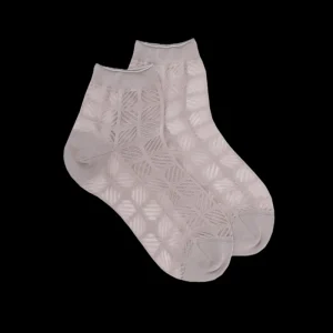 Femme Doré Doré Socquettes^Socquette en fil d'Ecosse pour femmes, de couleur unie, avec un travail de transparence - Gris Métal