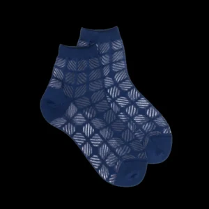 Femme Doré Doré Socquettes^Socquette en fil d'Ecosse pour femmes, de couleur unie, avec un travail de transparence - Bleu Voilier