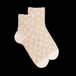 Femme Doré Doré Socquettes^Socquettes pour femmes en fil d'Ecosse avec motifs de fleurs en forme de cœur avec effet scintillant. - Écru