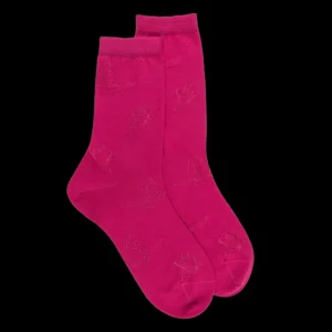 Femme Doré Doré Chaussettes^Chaussettes courtes en laine unie pour femmes avec papillons transparents - Rose oléandre