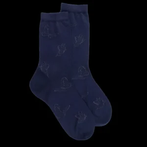 Femme Doré Doré Chaussettes^Chaussettes courtes en laine unie pour femmes avec papillons transparents - Bleu Caban