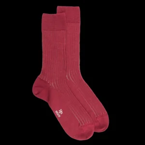 Homme Doré Doré Chaussettes^Chaussettes côtelé bicolores homme en laine et coton doux - Rouge pommard & Beige Sable