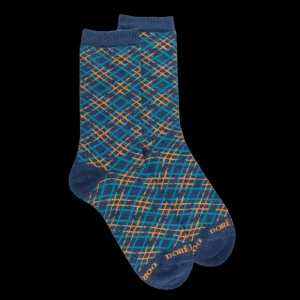 Femme Doré Doré Chaussettes^Chaussettes en coton à motifs écossais à effet brillant pour femmes - Bleu pêcheur