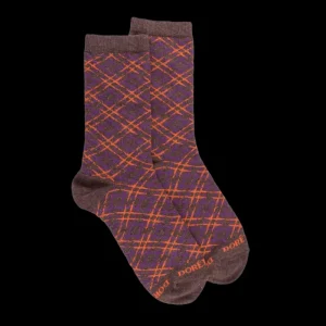 Femme Doré Doré Chaussettes^Chaussettes en coton à motifs écossais à effet brillant pour femmes - Brun loutre