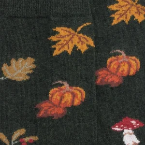 Homme Doré Doré Chaussettes^Chaussettes en coton pour hommes avec motifs de citrouille, de champignons et de feuilles - Vert thym