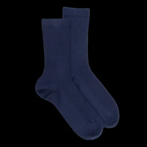 Femme Doré Doré Chaussettes^Chaussettes en laine unie côtelée pour femmes - Bleu Caban