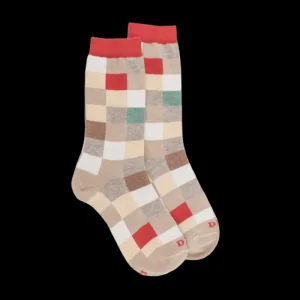 Enfant Doré Doré Chaussettes^Chaussettes enfant échiquier en coton - Beige Grège & Rouge Ponceau