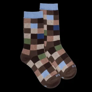 Enfant Doré Doré Chaussettes^Chaussettes enfant échiquier en coton - Bois & bleu macadam
