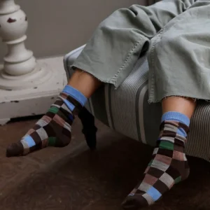 Enfant Doré Doré Chaussettes^Chaussettes enfant échiquier en coton - Bois & bleu macadam