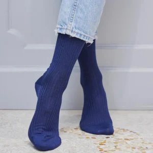 Femme Doré Doré Chaussettes^Chaussettes femme à côtes en fil d'Écosse - Bleu Matelot