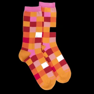 Femme Doré Doré Chaussettes^Chaussettes femme échiqiuer en coton égyptien - Maïs & Rose coulis
