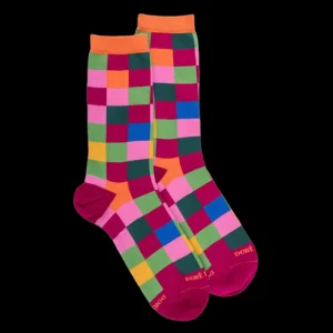 Femme Doré Doré Chaussettes^Chaussettes femme échiqiuer en coton égyptien - Rose Flamboyant & Oranger