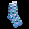 Femme Doré Doré Chaussettes^Chaussettes femme échiqiuer en coton égyptien - Bleu Myosotis & Blanc Givre