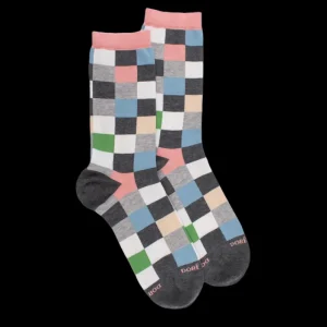Femme Doré Doré Chaussettes^Chaussettes femme échiqiuer en coton égyptien - Gris oxford & Rose Praline