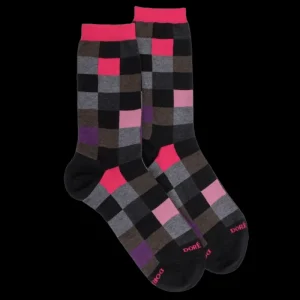 Femme Doré Doré Chaussettes^Chaussettes femme échiqiuer en coton égyptien - Noir & rouge cerise