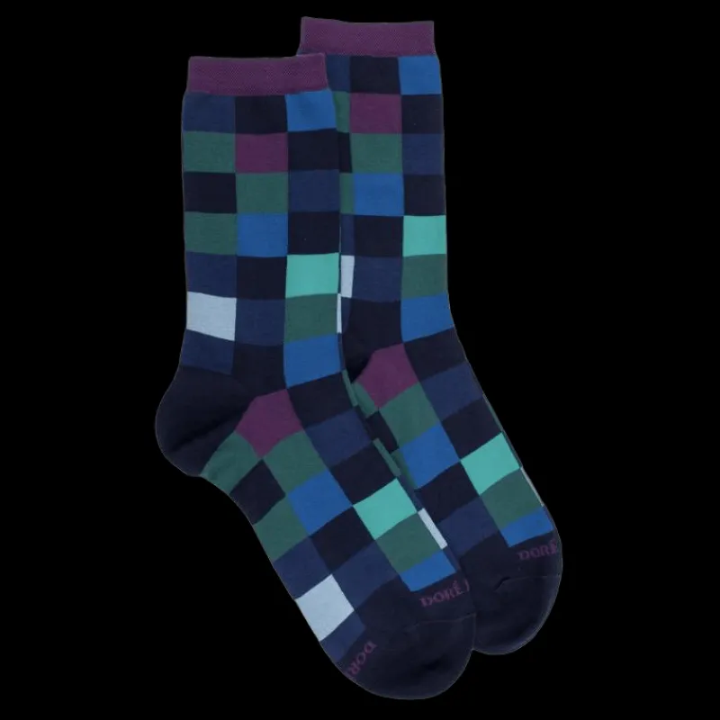 chaussettes_femme_chiqiue_0-7.webp Femme Doré Doré Chaussettes^Chaussettes femme échiqiuer en coton égyptien - Bleu Matelot & Quetsche