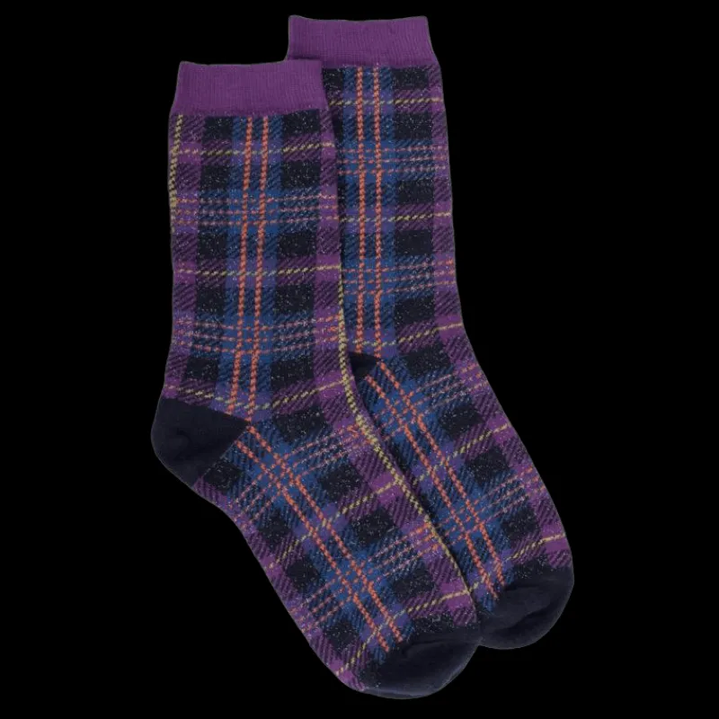 chaussettes_femme_en_coto_0-18.webp Femme Doré Doré Chaussettes^Chaussettes femme en coton à motif tartan effet brillant - Bleu marine foncé