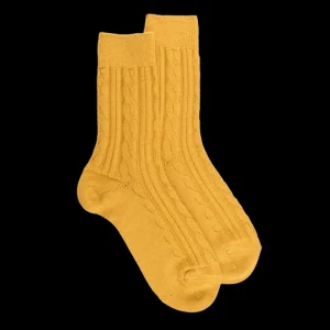 Femme Doré Doré Chaussettes^Chaussettes femme en laine à motif torsadés - Jaune Moutarde