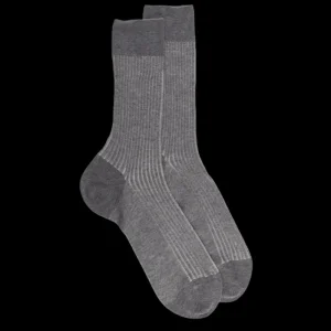 Homme Doré Doré Chaussettes^Chaussettes homme à côtes bicolores en fil d'Écosse - Gris Bourrasque & Blanc Givre