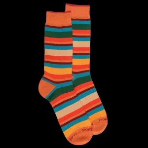 Homme Doré Doré Chaussettes^Chaussettes homme à rayures en fil d'Écosse - Oranger & Vert thym