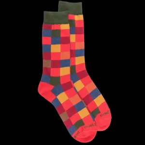 Homme Doré Doré Chaussettes^Chaussettes homme échiquier en coton - Rouge Ponceau & Vert thé