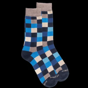 Homme Doré Doré Chaussettes^Chaussettes homme échiquier en coton - Bleu marine foncé