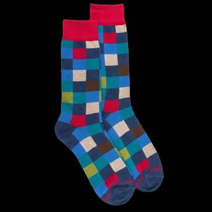 Homme Doré Doré Chaussettes^Chaussettes homme échiquier en coton - Bleu Pêcheur & Rouget