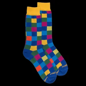 Homme Doré Doré Chaussettes^Chaussettes homme échiquier en coton - Bleu & Jaune Moutarde