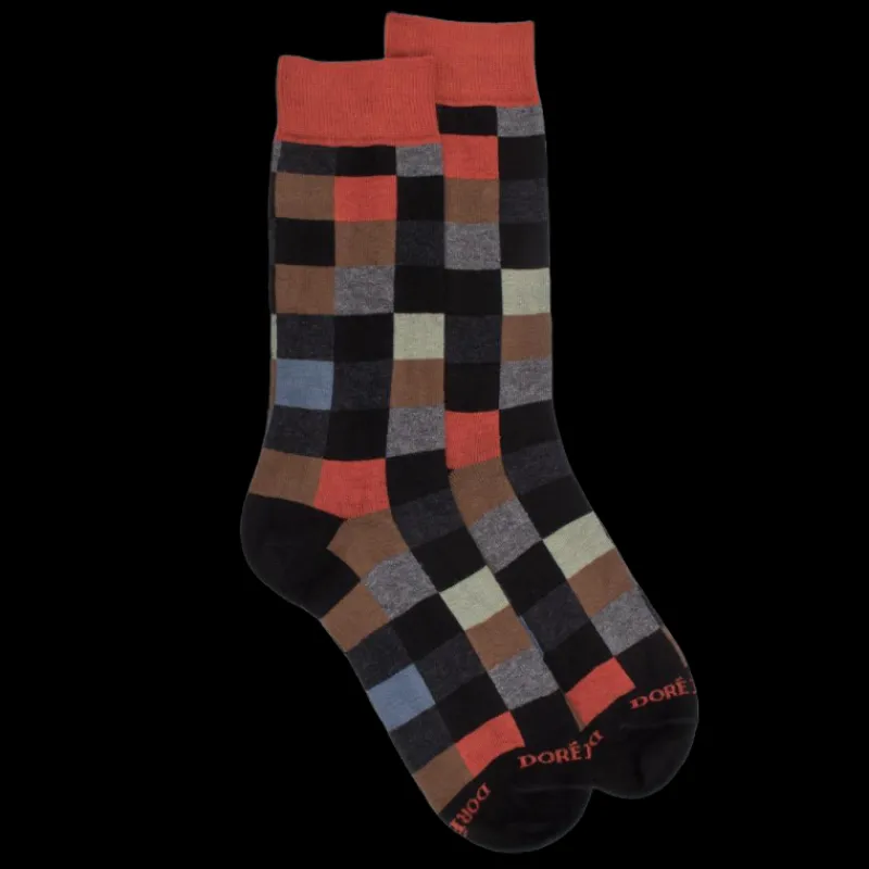 chaussettes_homme_chiquie_0-5.webp Homme Doré Doré Chaussettes^Chaussettes homme échiquier en coton - Noir & orange cognac