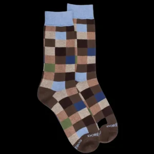 Homme Doré Doré Chaussettes^Chaussettes homme échiquier en coton - Bois & bleu macadam