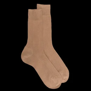 Homme Doré Doré Chaussettes^Chaussettes Homme côtelées en pur fil d'Ecosse - Beige faon